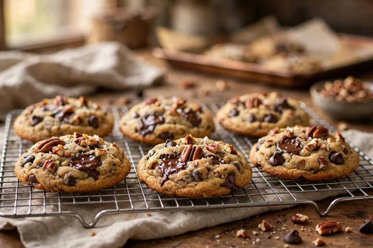 Freshly baked chocolate chip pecan cookies cooling on a wire rack