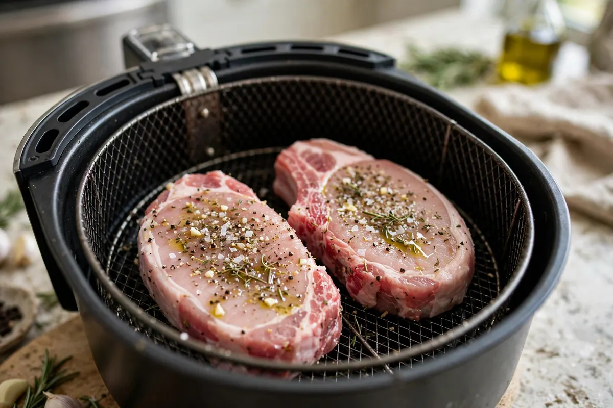 Seasoned pork chops placed in air fryer basket