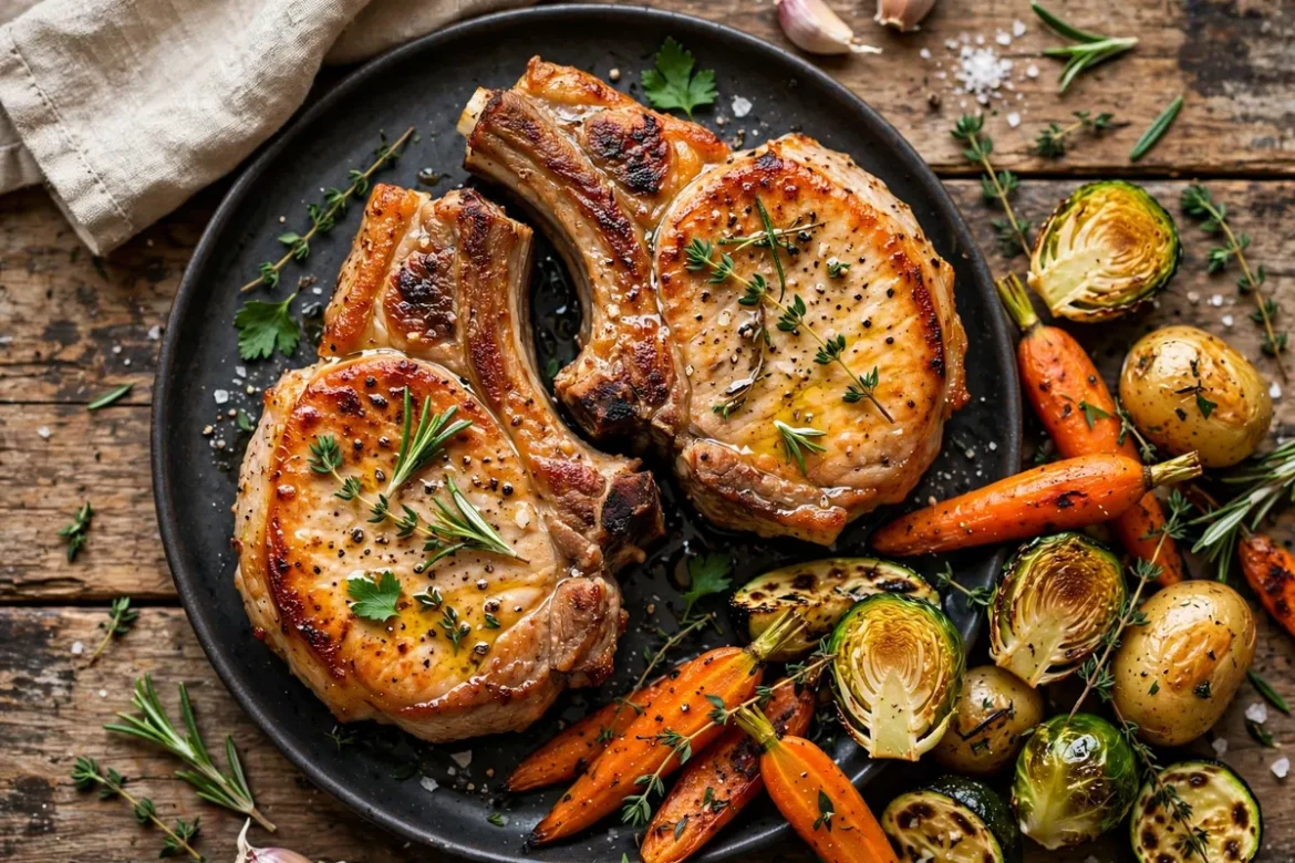 Juicy golden air fryer pork chops with fresh herbs