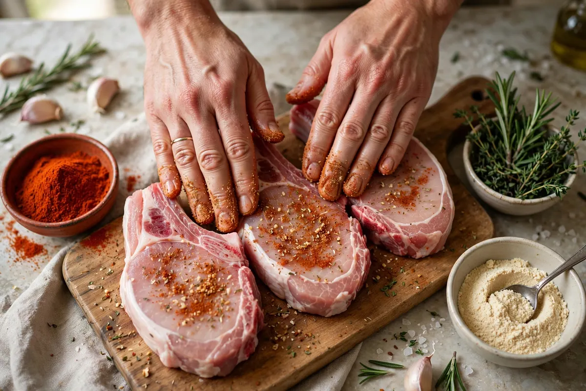 Rubbing spice mix onto raw pork chops