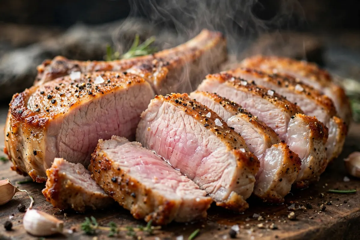 Sliced pork chop showing juicy tender meat inside