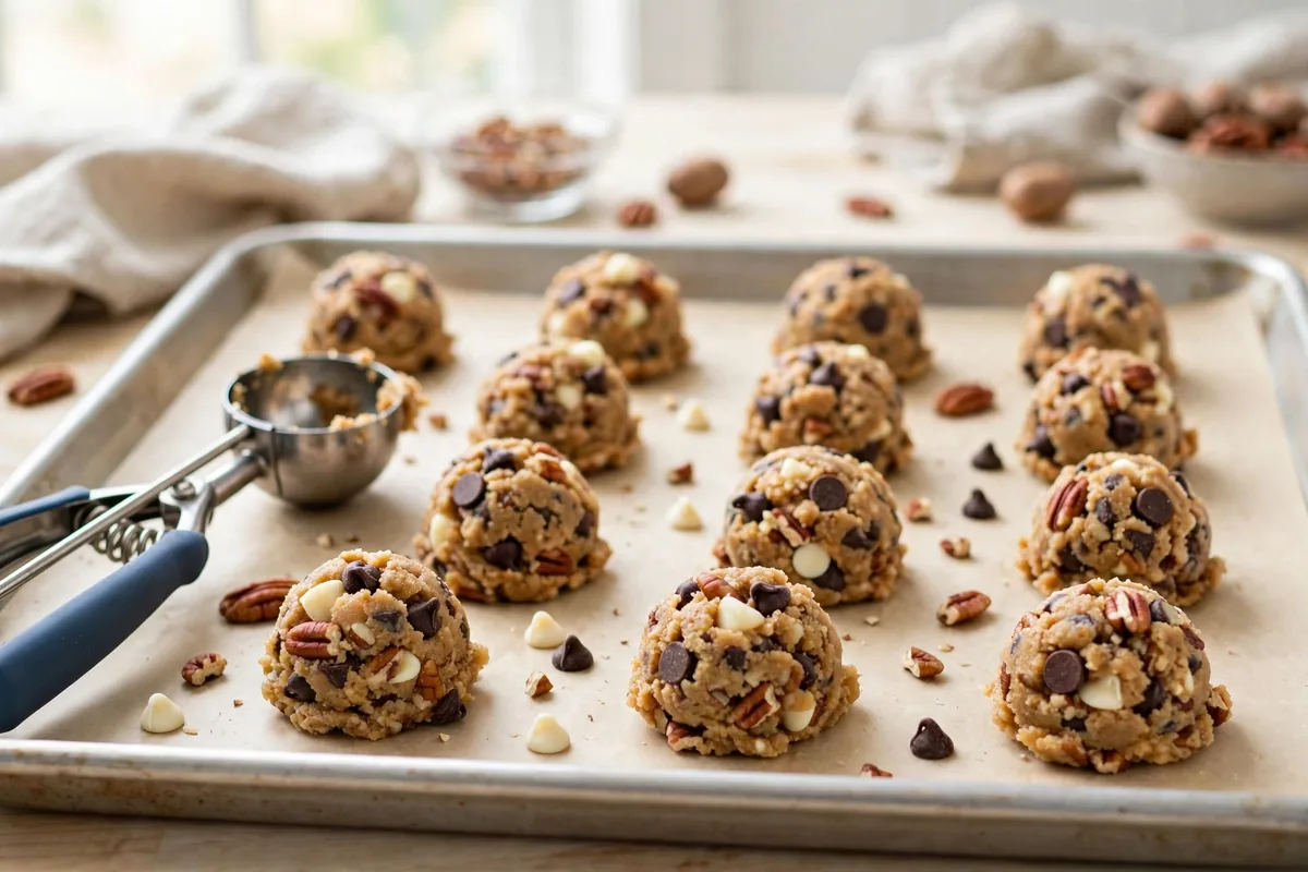 Portioned chocolate chip pecan cookie dough on a baking sheet