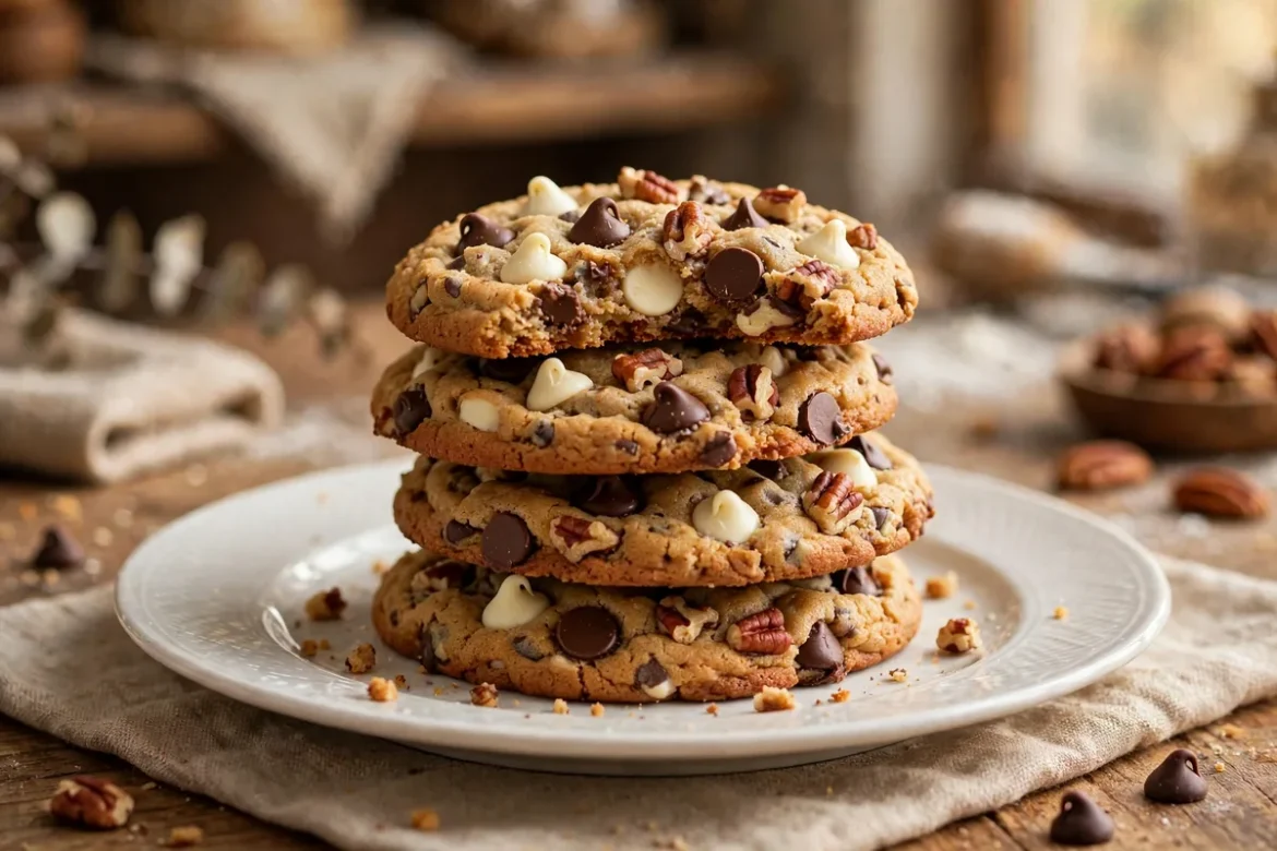 Chocolate chip pecan cookies stacked on a white plate