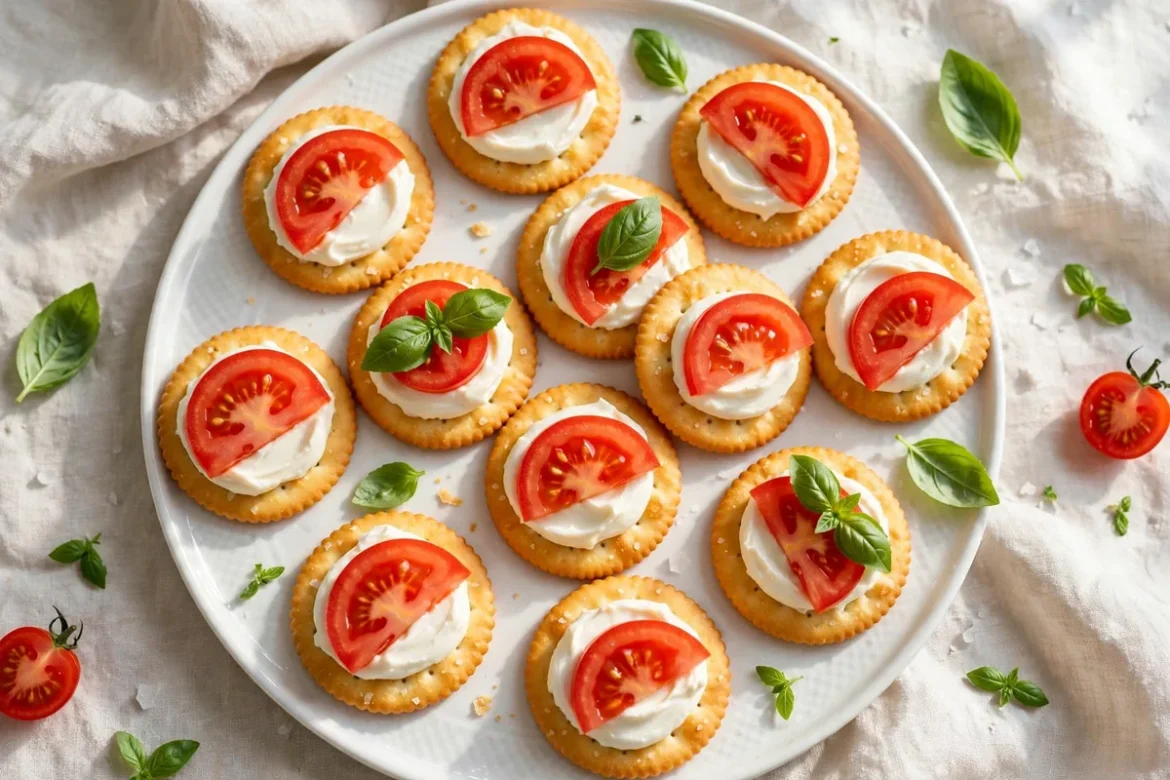 Tomato cream cheese cracker bites arranged on a white serving platter