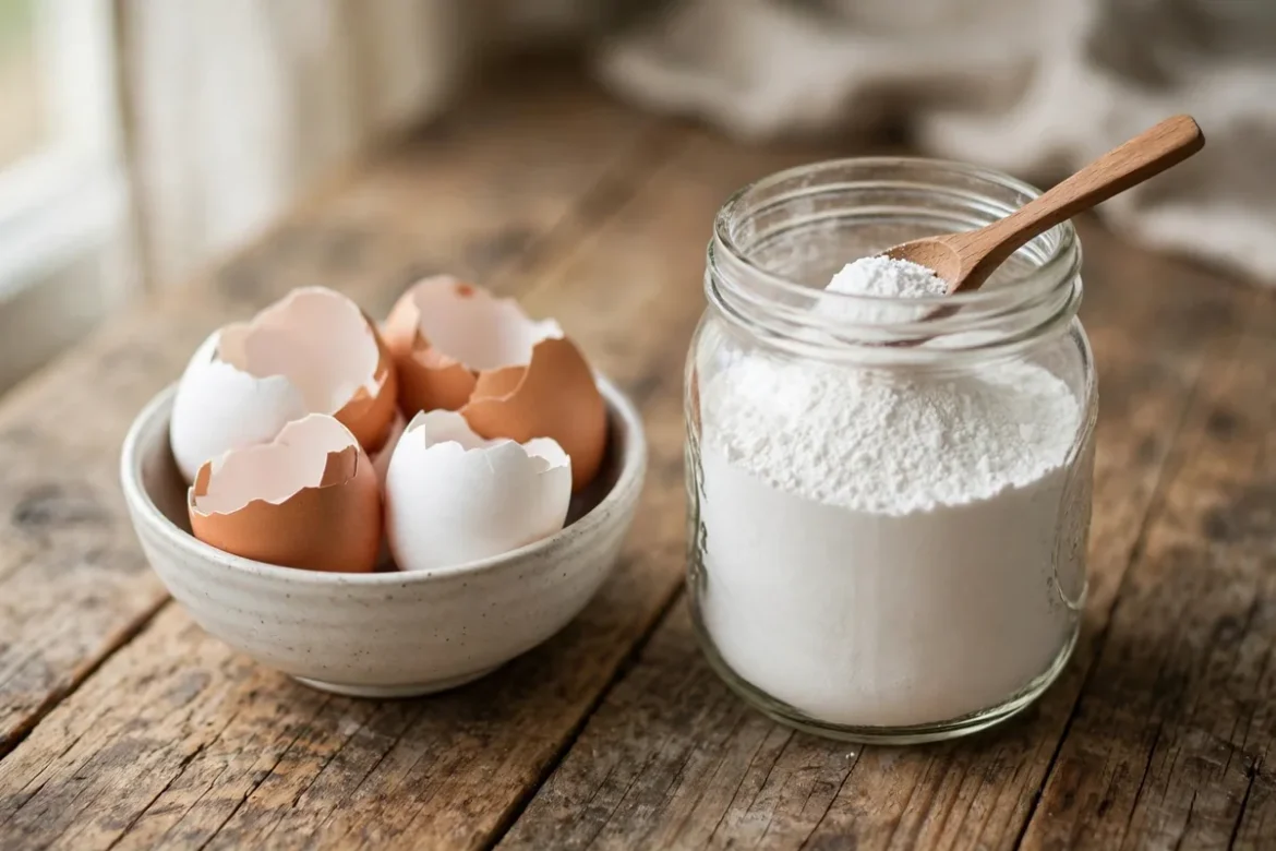 Bowl of clean eggshells next to a jar of fine eggshell powder