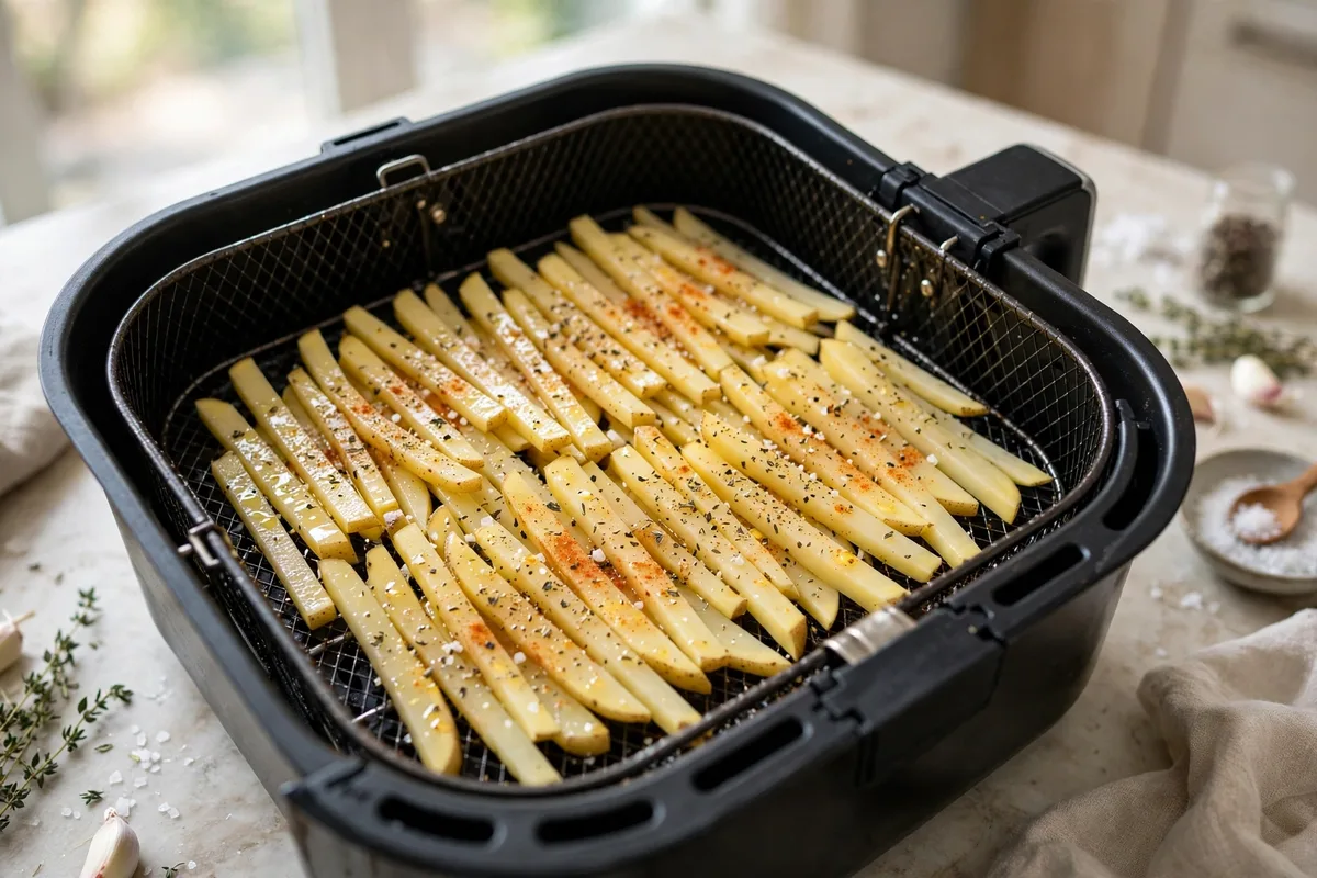 Seasoned raw potato fries arranged in a single layer in an air fryer basket