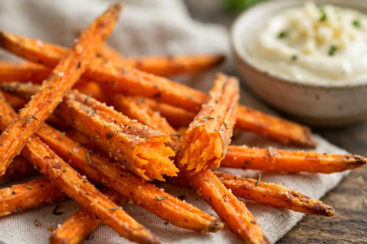 Close-up of crispy sweet potato fry showing fluffy orange inside