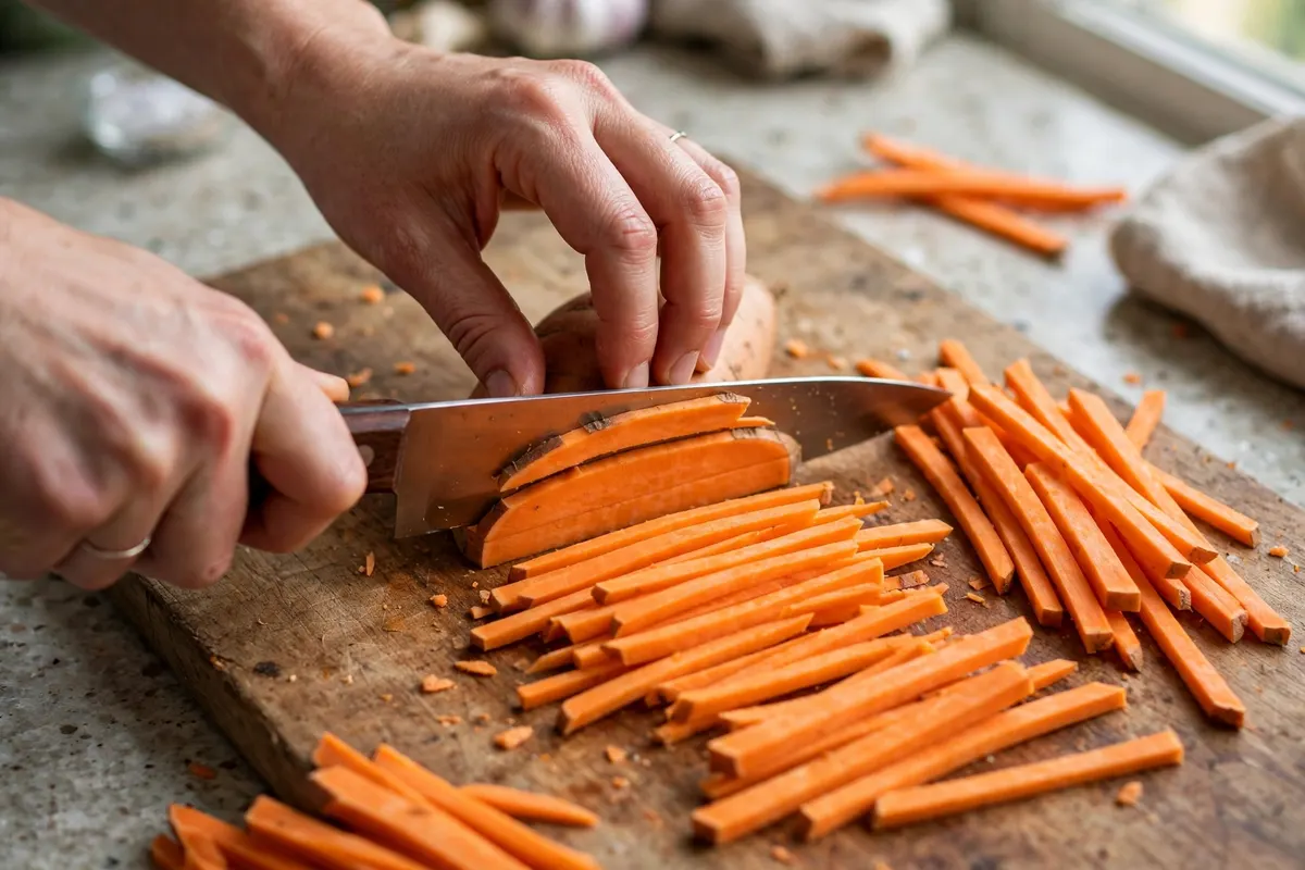 Cutting sweet potatoes into even fry strips