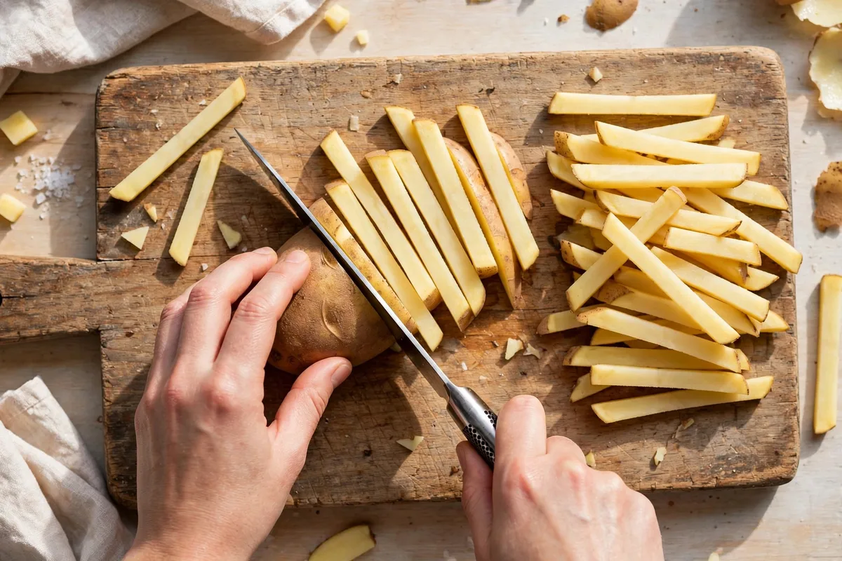 Cutting russet potatoes into even French fry strips on a wooden cutting board