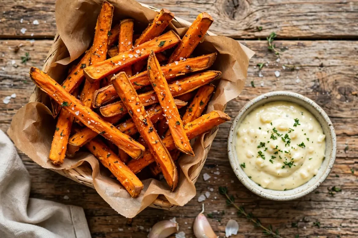 Crispy air fryer sweet potato fries with garlic aioli dip