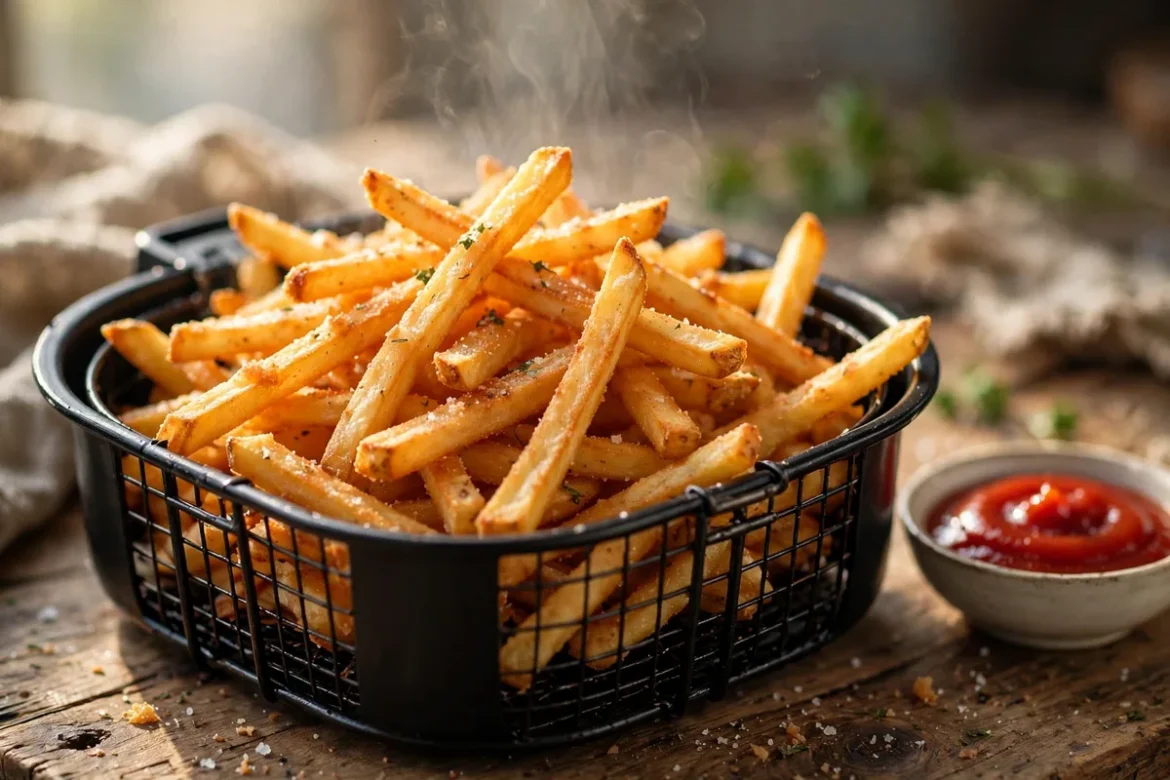 Crispy golden air fryer French fries in a basket with ketchup
