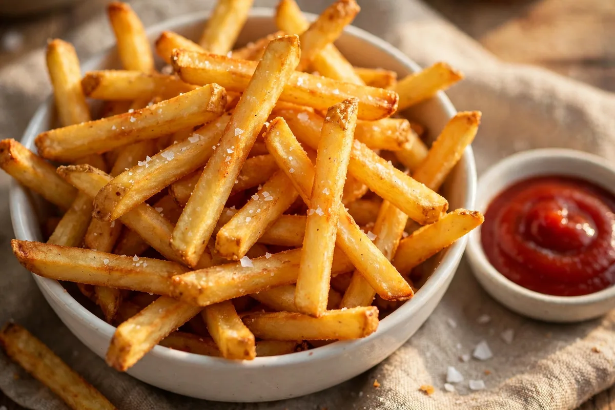 Close-up of golden crispy air fryer French fries served with ketchup