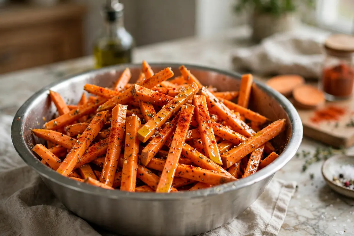 Sweet potato fries tossed with cornstarch, oil and spices