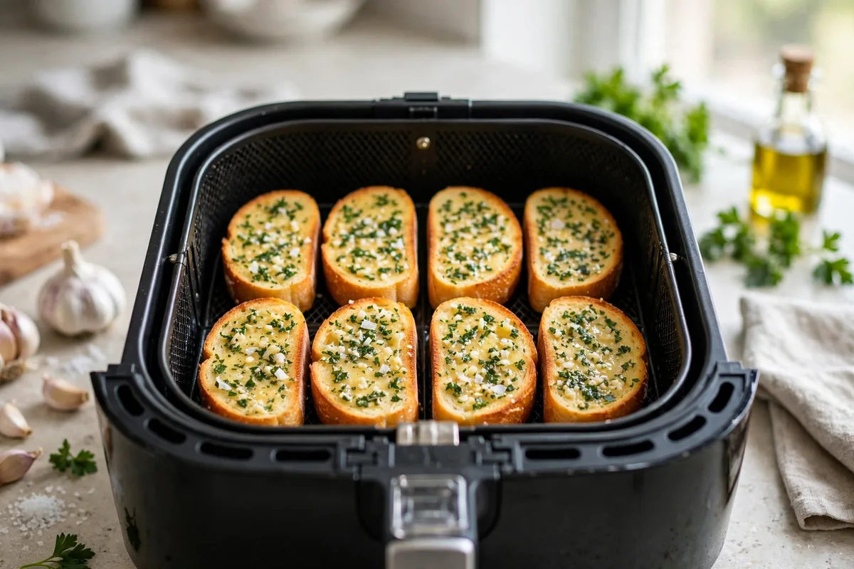 Garlic bread slices with garlic butter arranged in a single layer in an air fryer basket