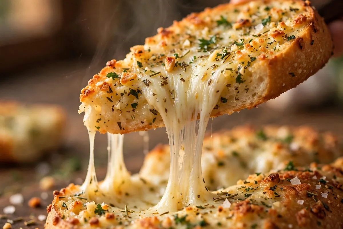 Close-up of a garlic bread slice lifted showing a long melted mozzarella cheese pull