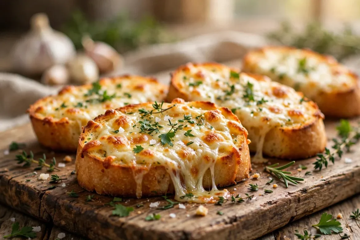 Golden cheesy air fryer garlic bread slices on a rustic wooden board with fresh herbs