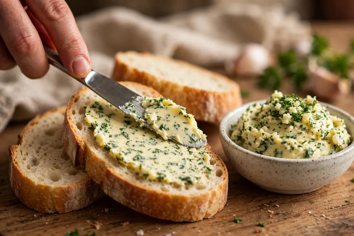 Spreading garlic herb butter onto thick bread slices with a butter knife
