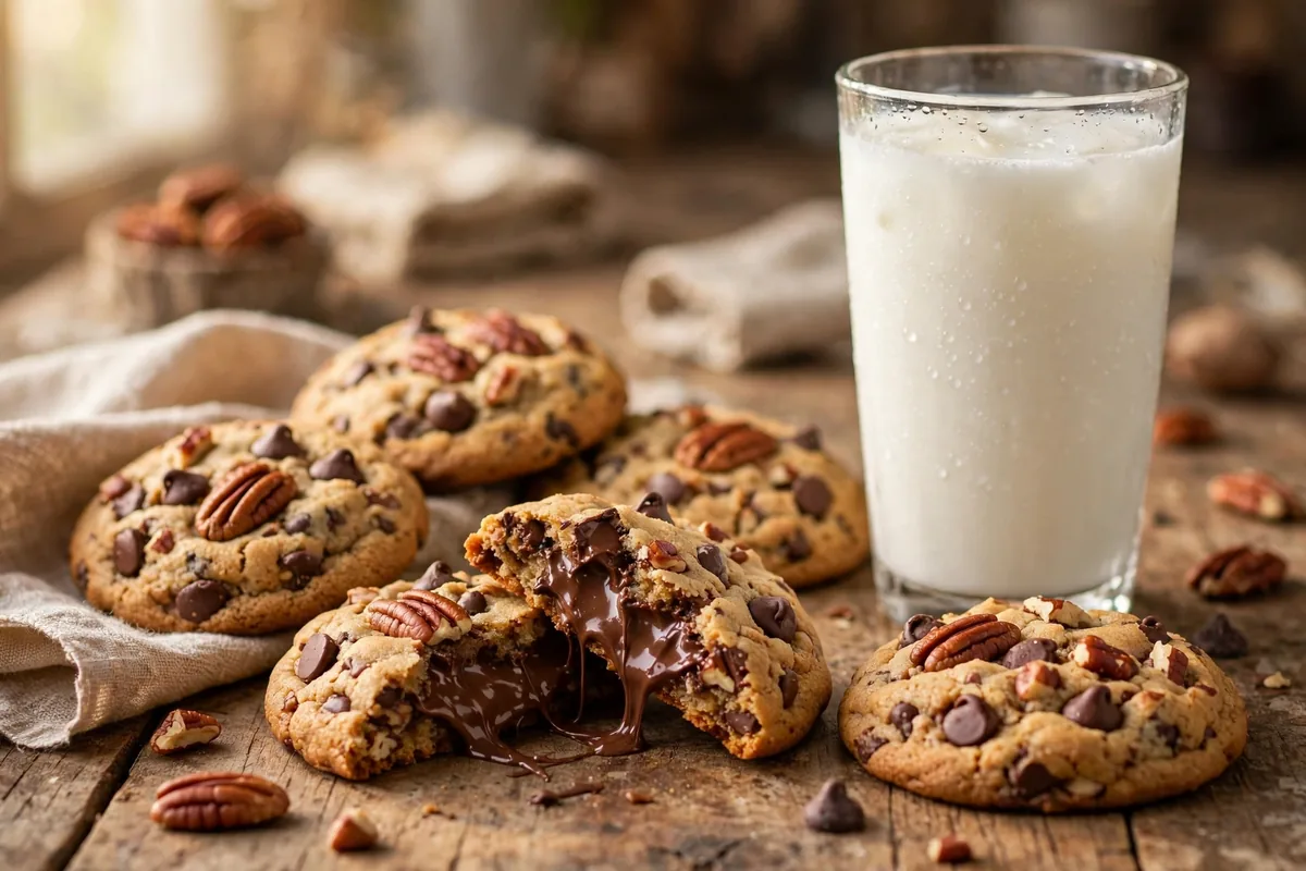 Chocolate chip pecan cookies served with a glass of cold milk
