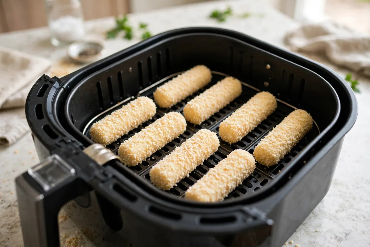 Breaded mozzarella sticks arranged in a single layer in an open air fryer basket