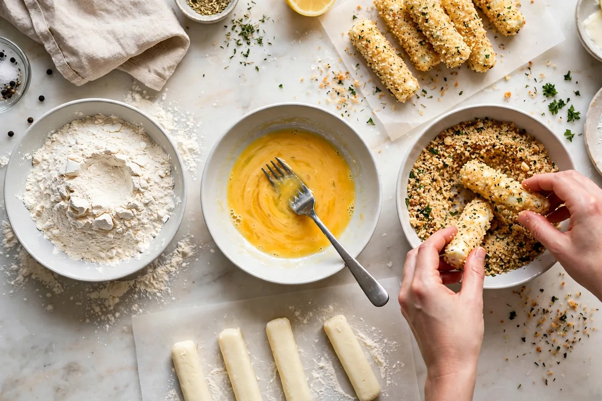 Breading station with flour, beaten eggs and seasoned breadcrumbs for coating mozzarella sticks