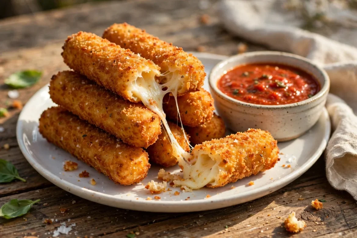 Crispy golden air fryer mozzarella sticks with marinara dipping sauce