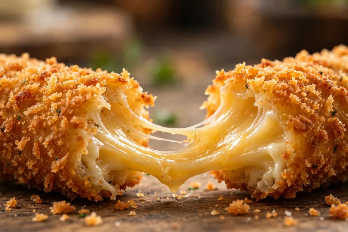 Close-up of a mozzarella stick pulled apart with gooey melting cheese stretching
