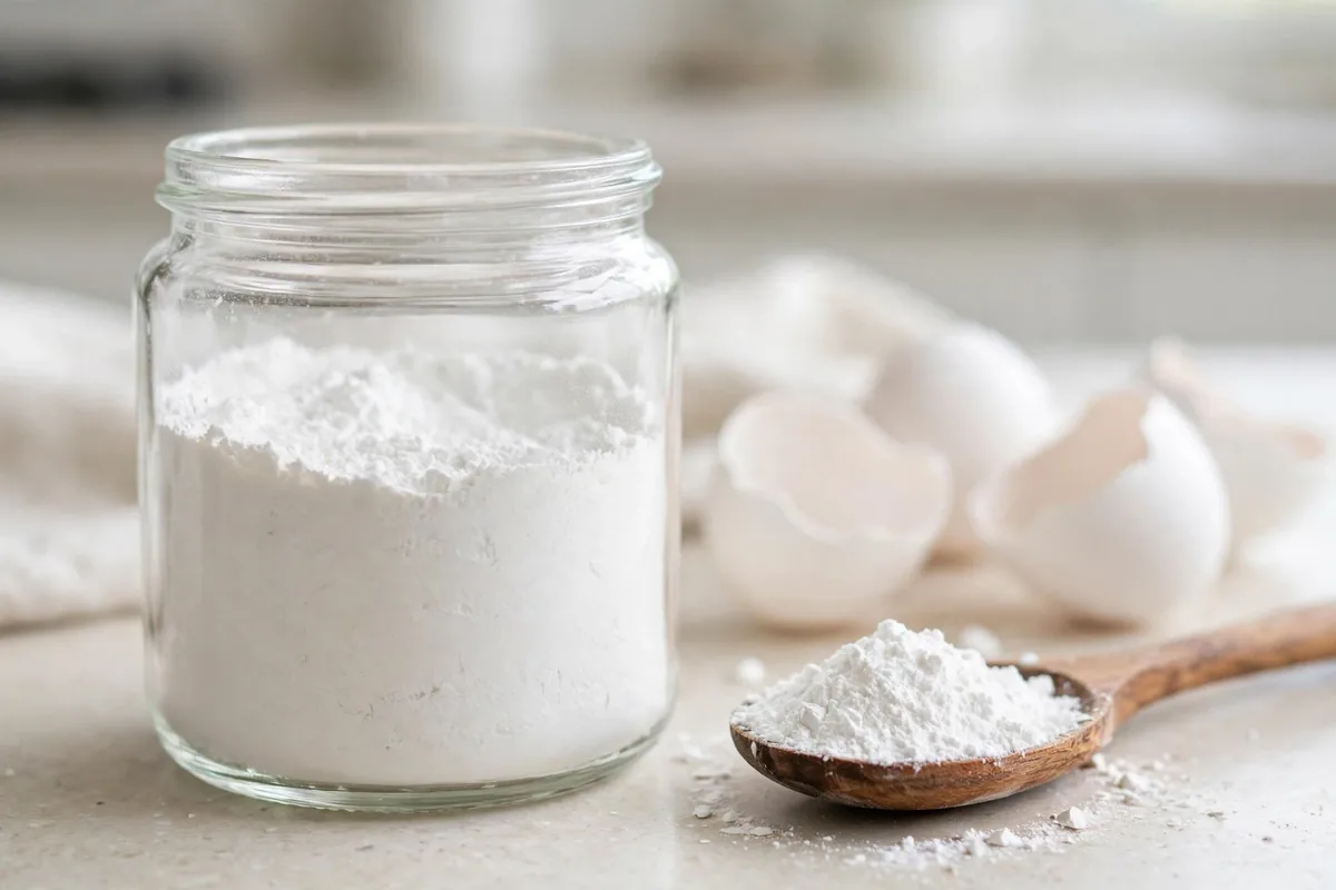 Glass jar of ultra-fine white eggshell powder with a wooden spoon