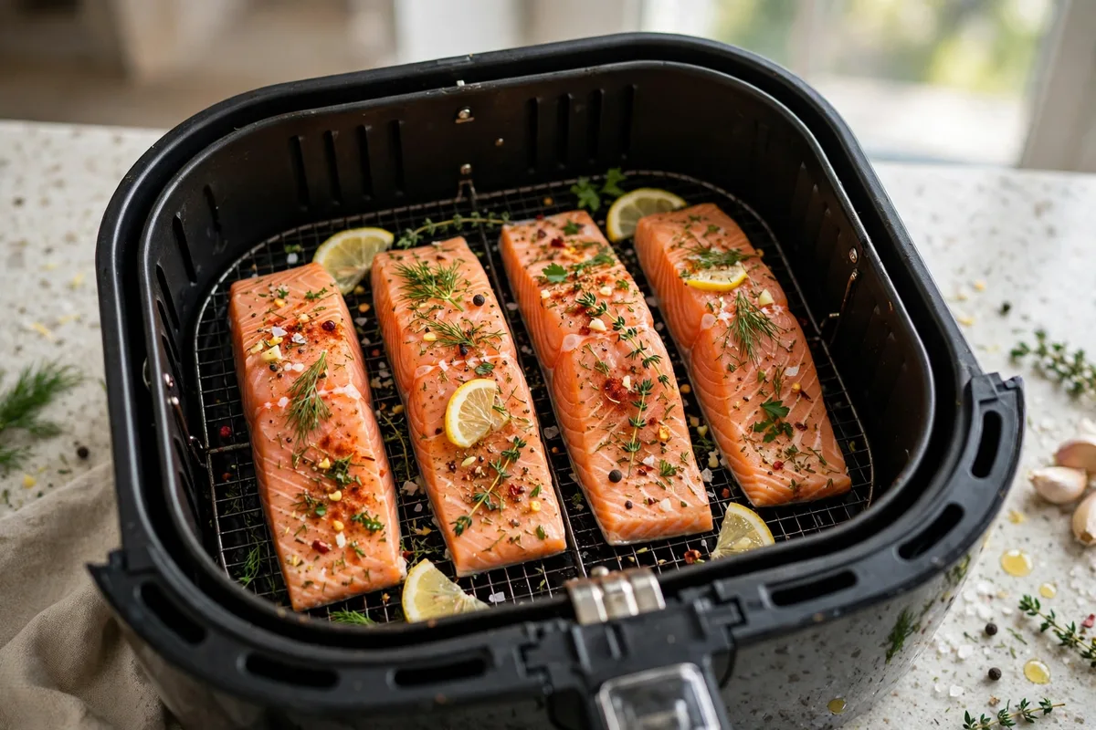 Seasoned salmon fillets arranged skin-side down in a single layer in an open air fryer basket