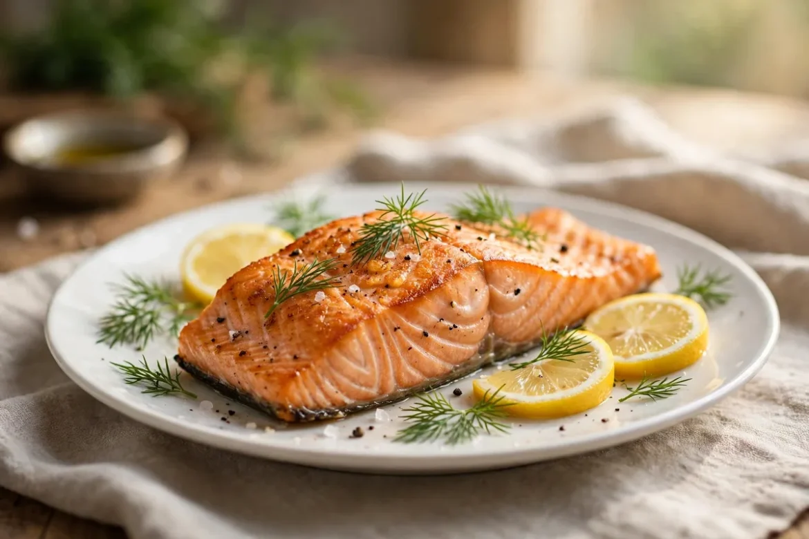 Perfectly cooked air fryer salmon fillet garnished with fresh dill and lemon slices on a white plate