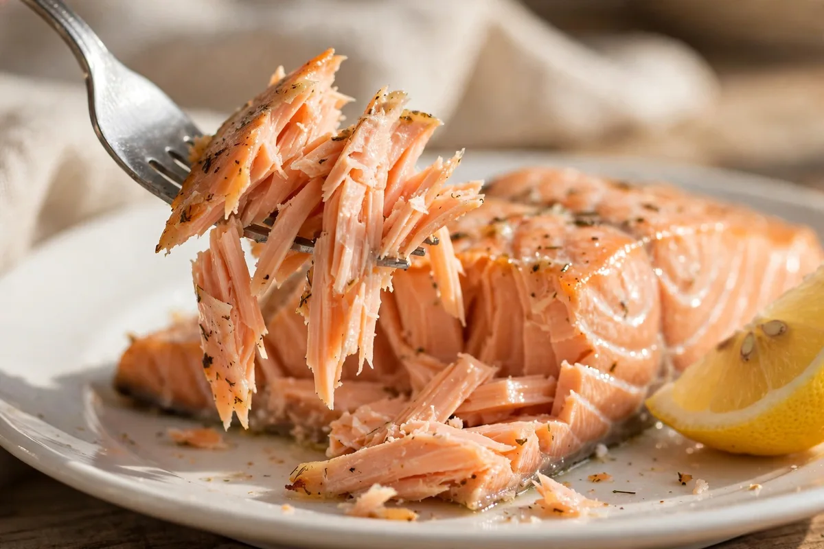 Close-up of flaky air fryer salmon flesh lifted with a fork, lemon wedge beside