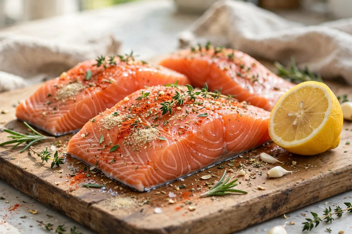 Raw salmon fillets seasoned with herbs, garlic powder and paprika on a wooden cutting board