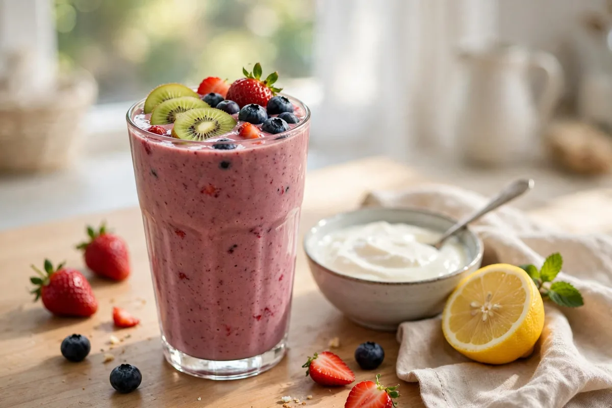 Berry smoothie with yogurt and fresh fruit in a bright kitchen