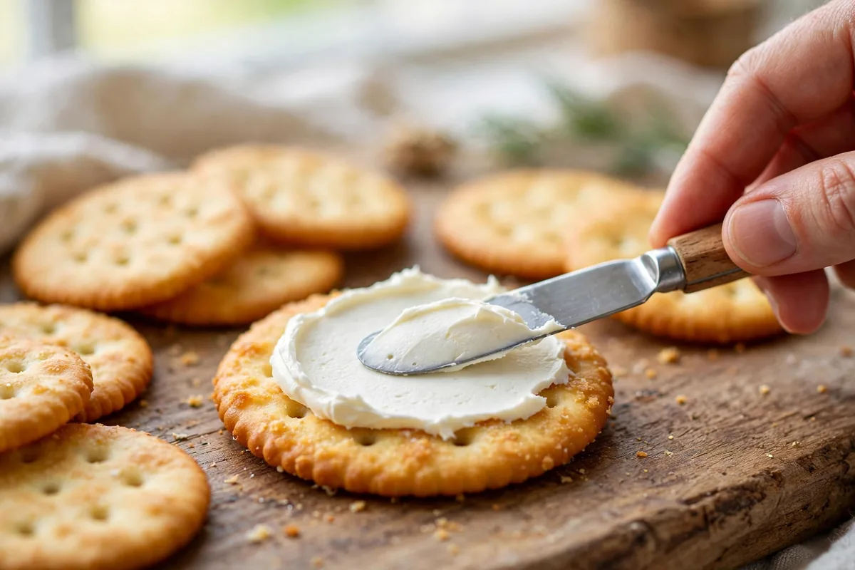 Spreading softened cream cheese onto a buttery round cracker
