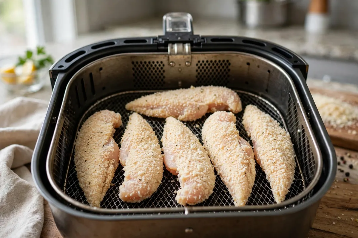 Breaded chicken tenders arranged in air fryer basket
