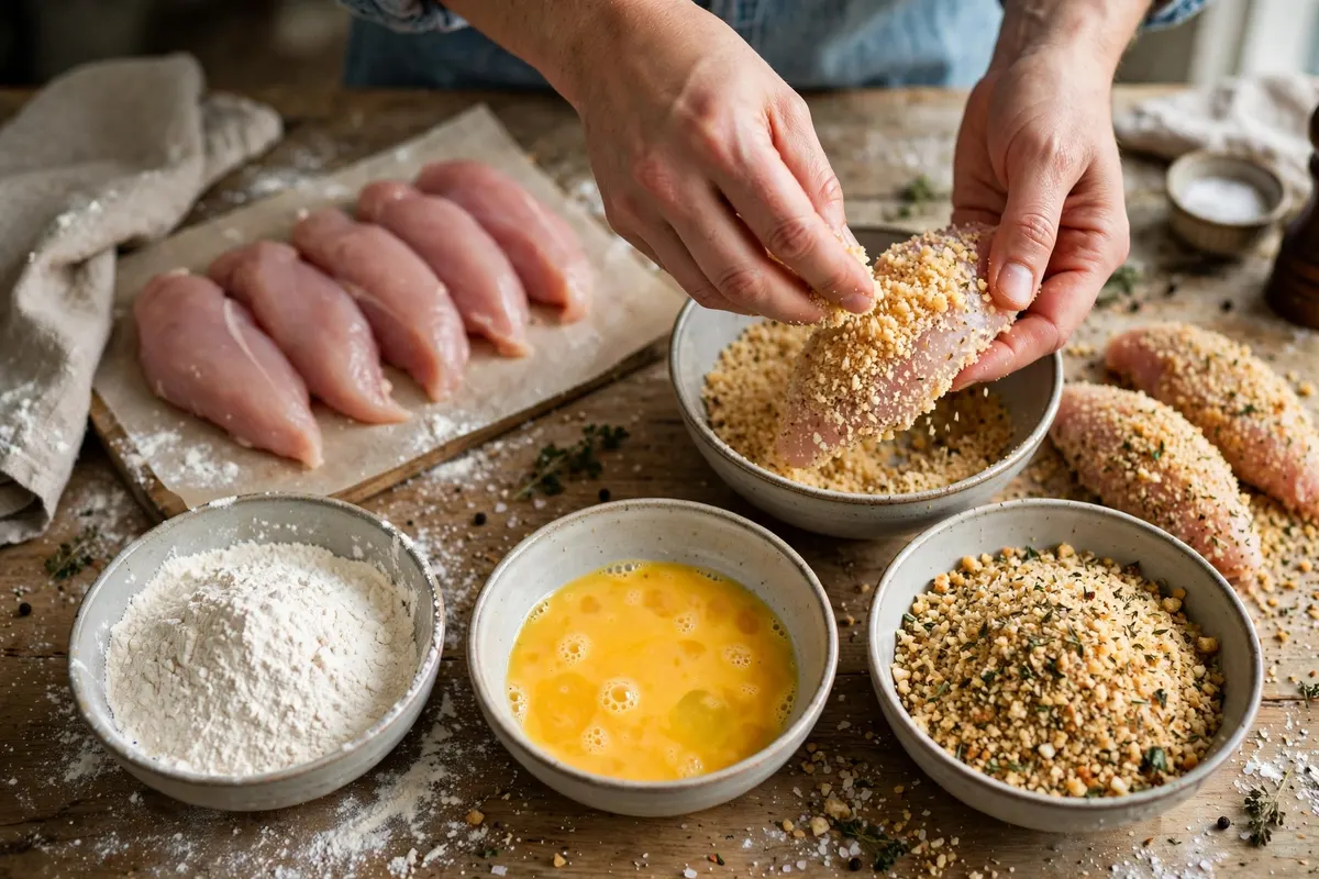 Coating chicken tenderloins in seasoned breadcrumbs