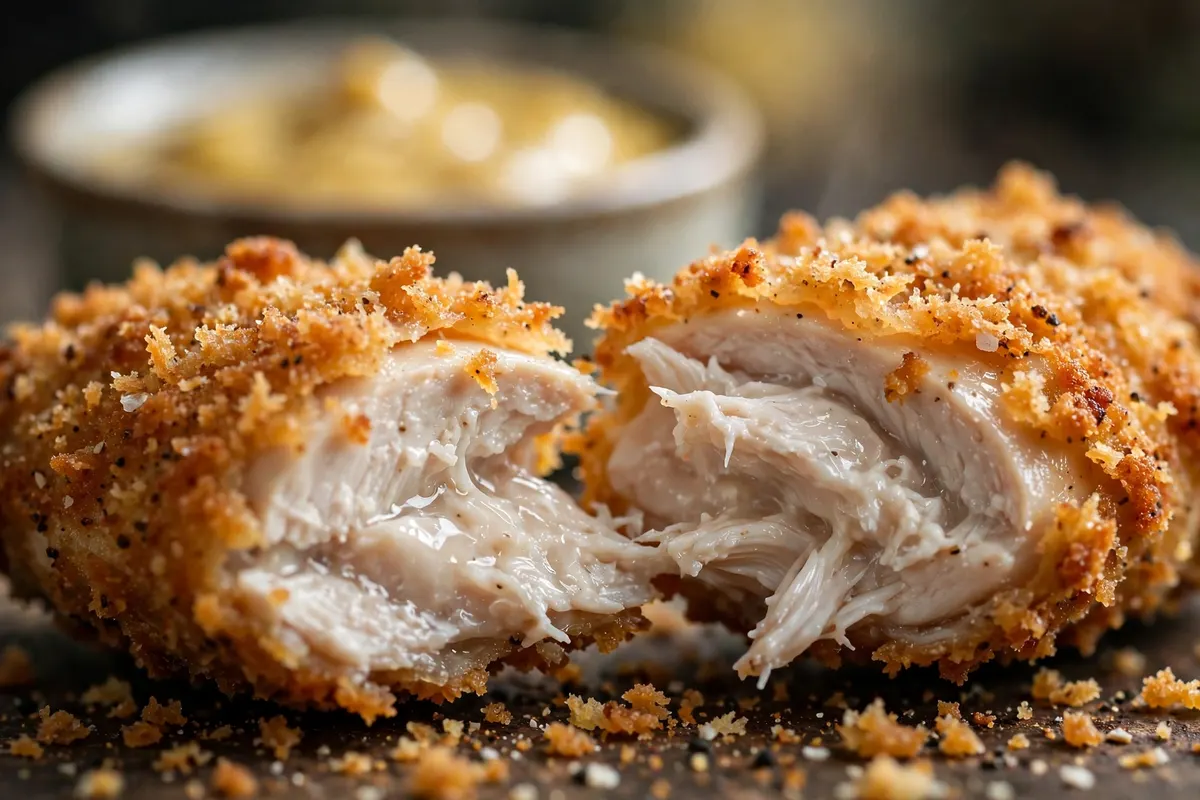 Crispy chicken tender broken open showing juicy meat inside