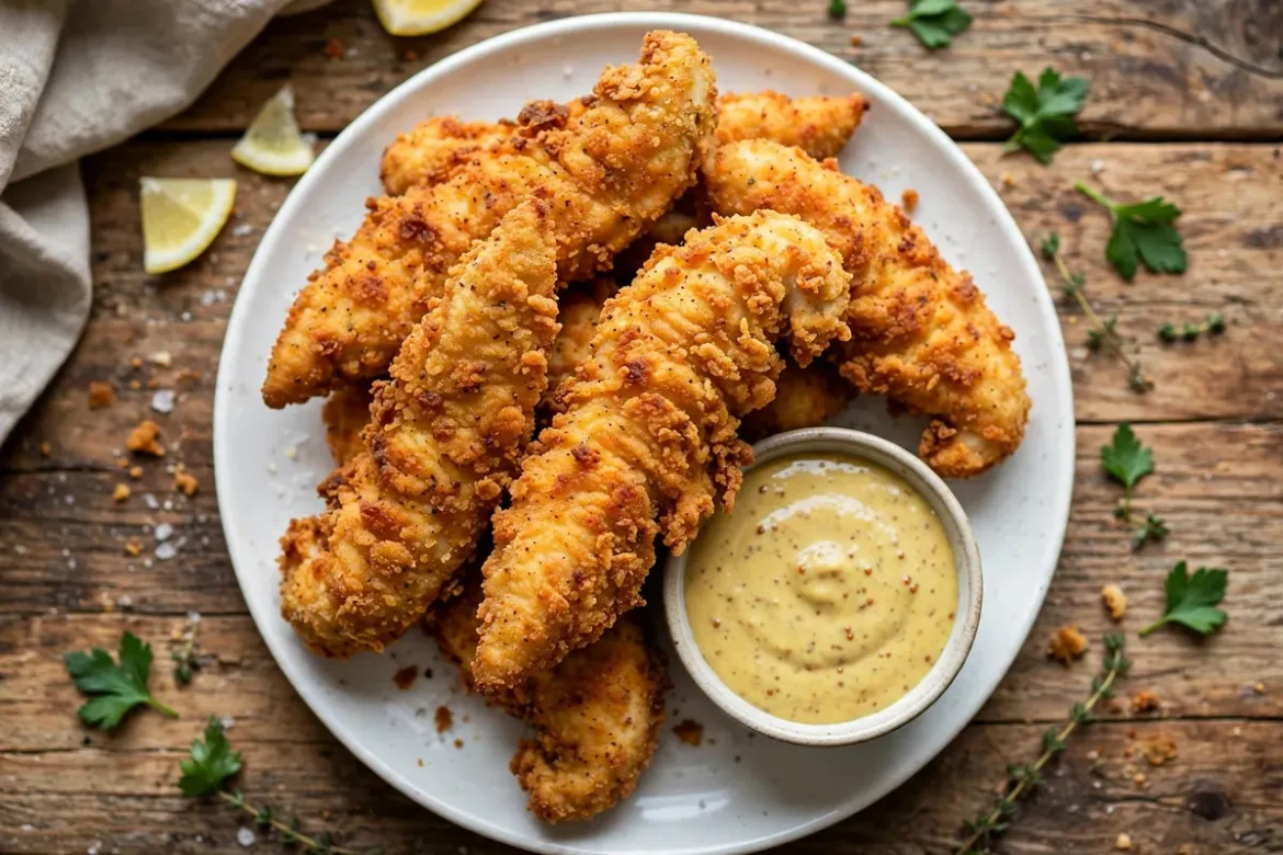 Crispy golden air fryer chicken tenders with honey mustard dipping sauce