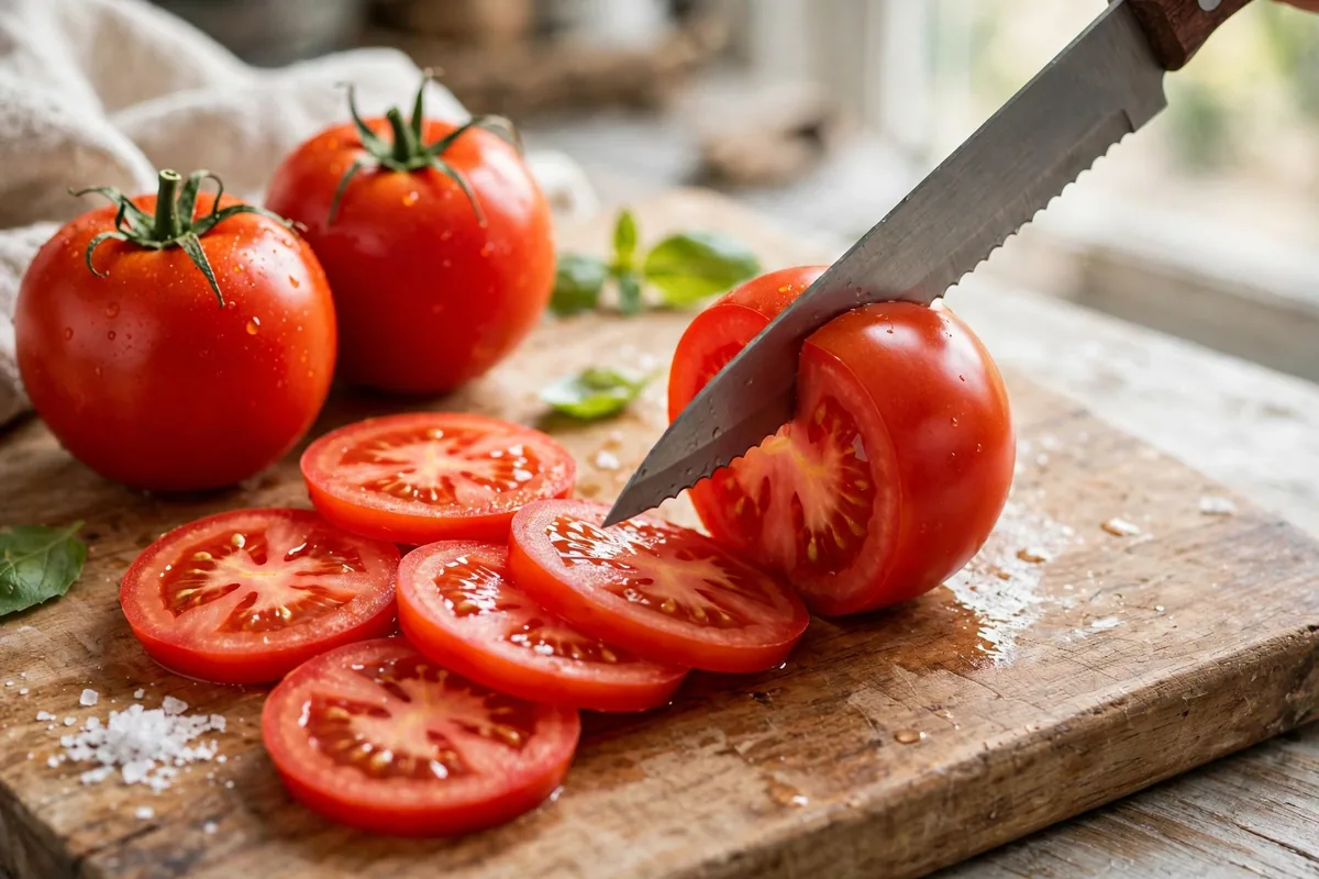 Slicing fresh ripe tomatoes into thin rounds on a cutting board