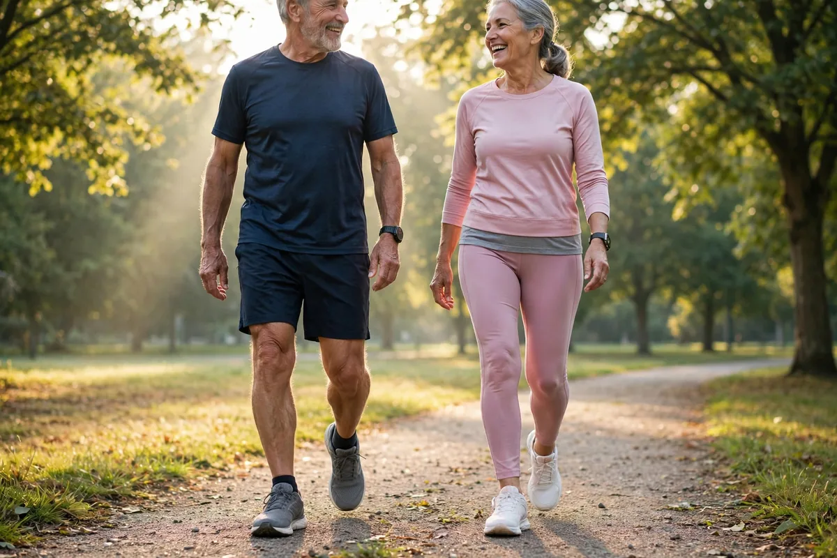 Senior couple walking happily on a sunny park path