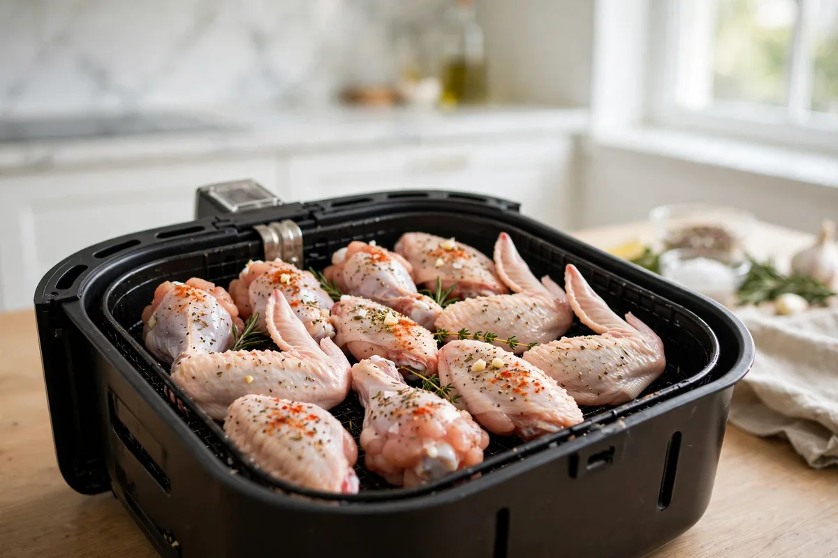 Seasoned raw chicken wings arranged in a single layer in an air fryer basket