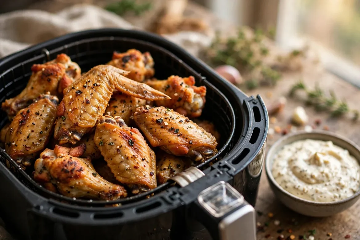 Crispy golden air fryer chicken wings piled in a basket with dipping sauce