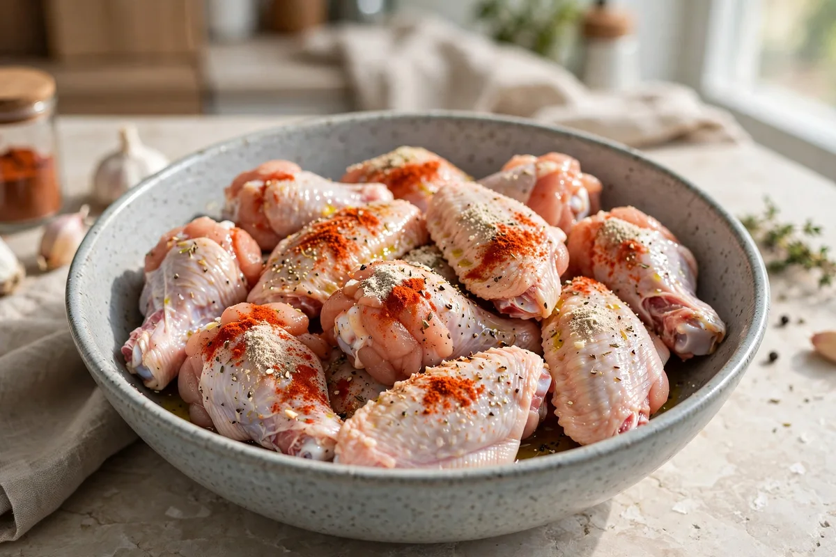 Raw chicken wings seasoned with spices in a mixing bowl