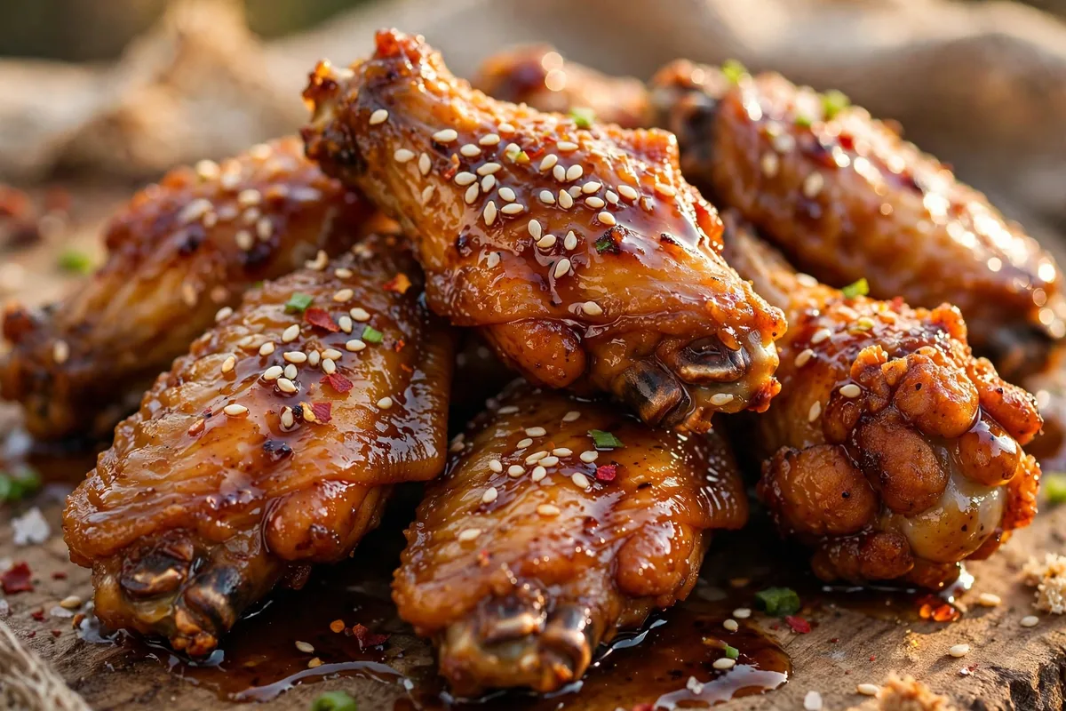 Close-up of glossy sauced crispy chicken wings with sesame seeds