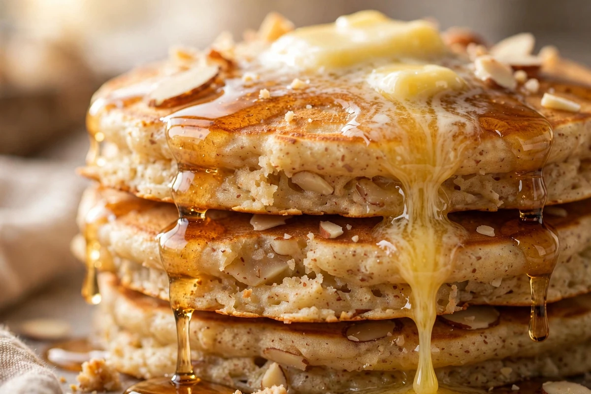 Close-up of a stack of golden almond flour pancakes with melting butter