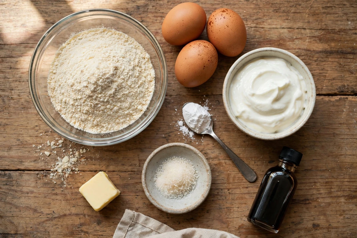 Ingredients for almond flour pancakes: almond flour, eggs, Greek yogurt, baking powder and vanilla