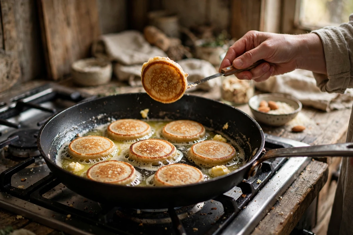 Pouring almond flour pancake batter onto a hot buttered skillet