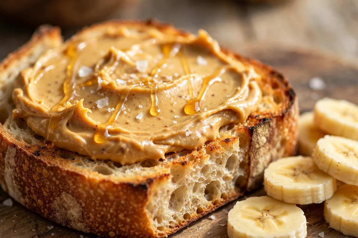Close-up of creamy homemade Beanut Butter spread on toast with banana slices