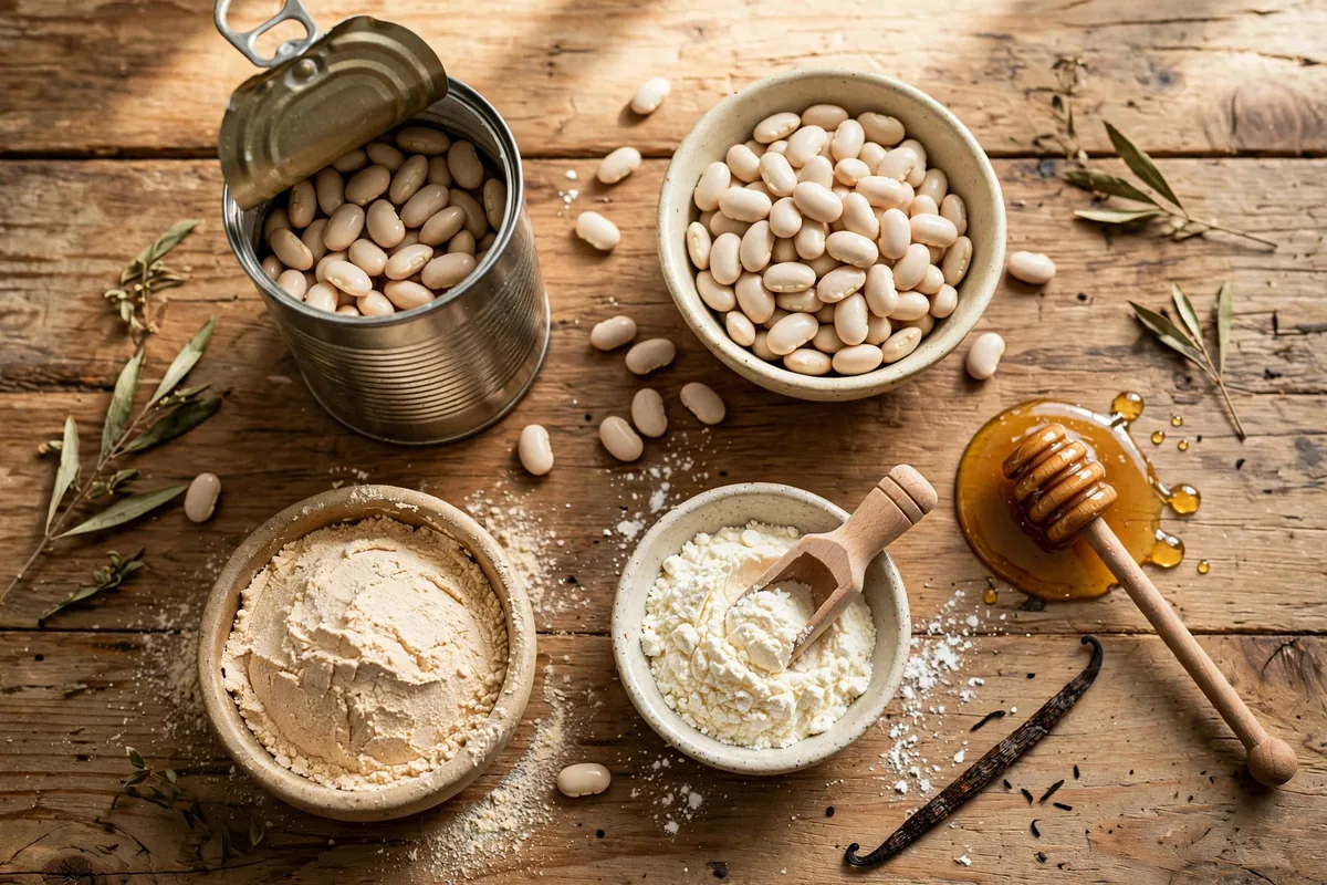 Ingredients for viral Beanut Butter: canned white beans, powdered peanut butter, protein powder, and honey on a kitchen counter
