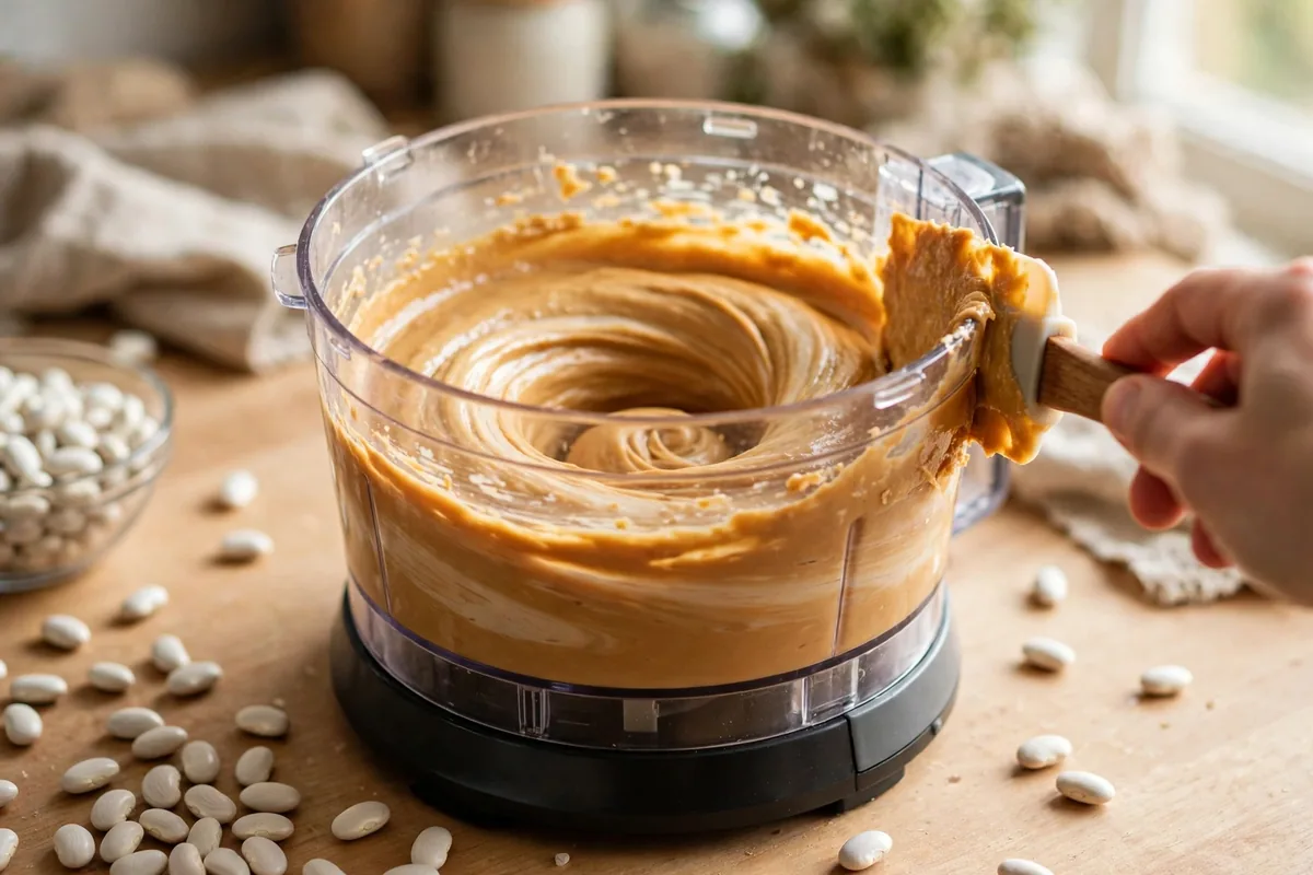 Creamy Beanut Butter being blended smooth in a food processor