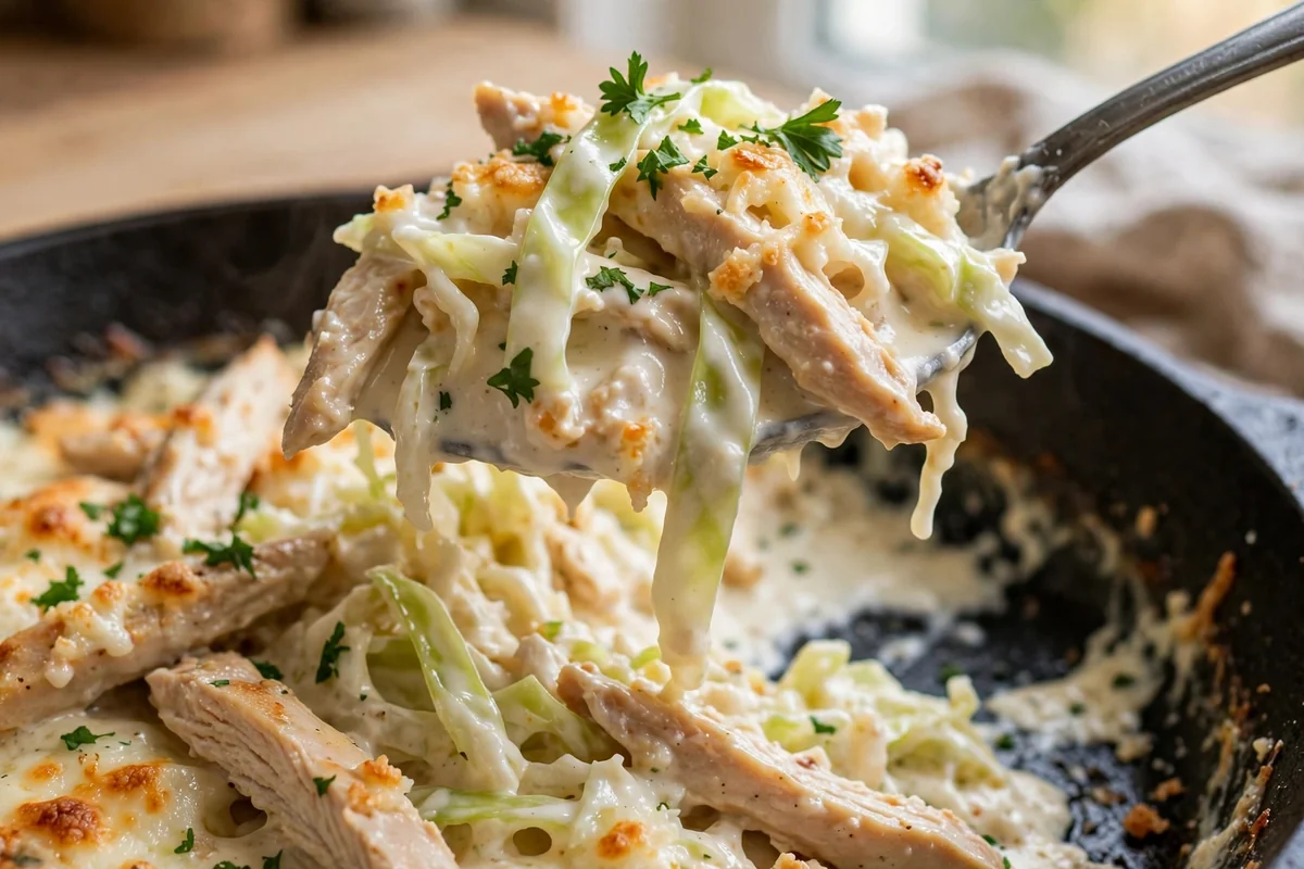 Close-up of creamy cabbage alfredo with chicken, golden cheese top, and parsley